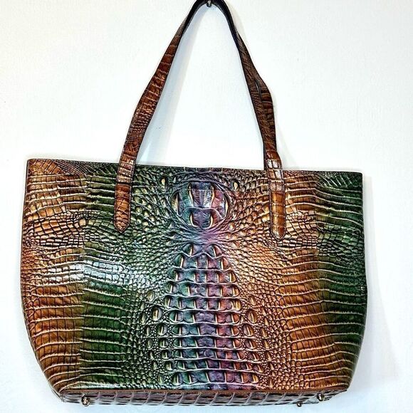 NWT Brahmin Croc Embossed Leather Brown Green Pouch And Tote Bag - Picture 7 of 9
